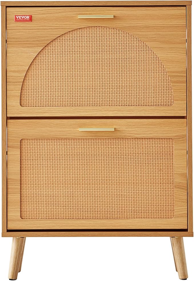 VEVOR Shoe Cabinet with 2 Flip Drawers, Shoe Storage Cabinet for Entryway, Free Standing Shoe Storage Organizer with Rattan Doors for Heels, Boots, Slippers in Hallway, Living Room