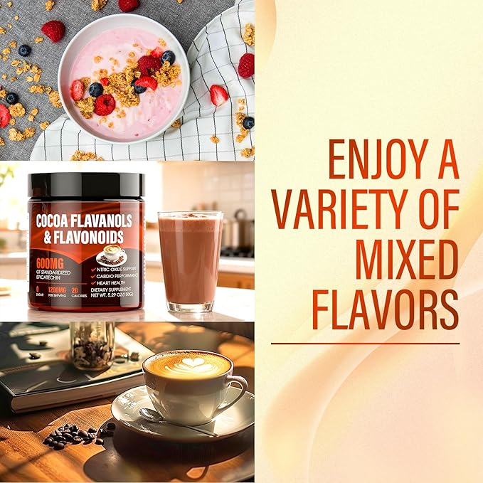 High Flavanol Cocoa Powder – 1200mg Flavanols with 600mg Epicatechin, 10X More Flavanols Than Cocoa – Premium Antioxidant Support for Heart Health, Nitric Oxide & Daily Energy – Zero Sugar