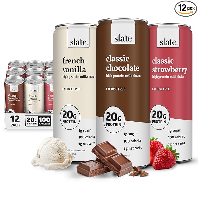 Slate Milk - High Protein Milk Shakes -Neapolitan Variety Pack -Classic Chocolate, Classic Strawberry, French Vanilla -Lactose Free, 20g Protein,1g Sugar,100 Calories,1-2g Net Carbs -11 fl oz,12 Cans
