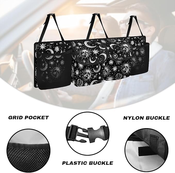 CLOHOMIN Black Car Trunk Organizer for Sedan Truck SUV Van Sun and Moon Back Seat Storage with 4 Pockets Hanging Car Cargo Trunk Storage Organizer Bag