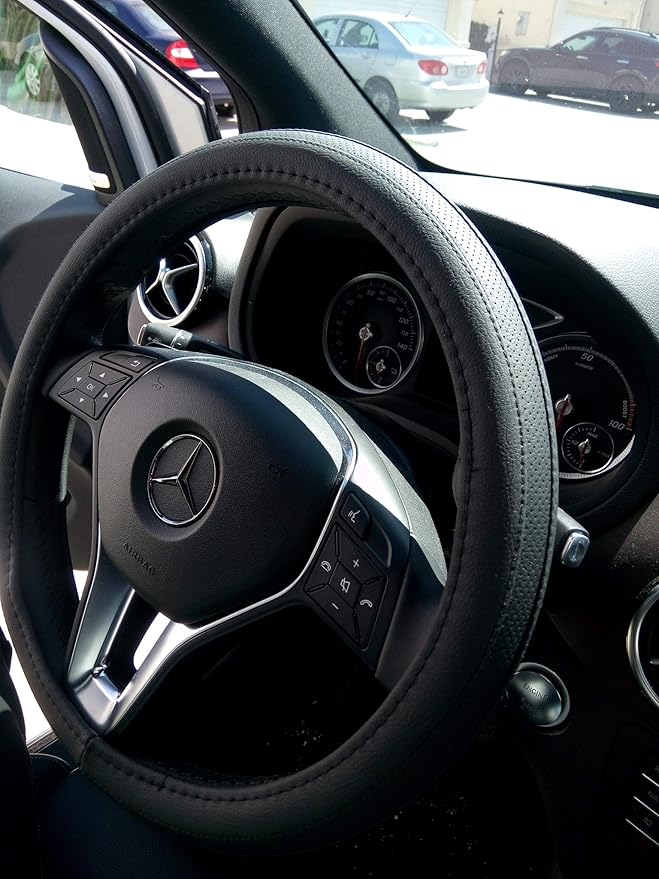 Jdragon Full Black PU Leather Great Comfort Slip-On Steering Wheel Cover 14.25-15" Diameter