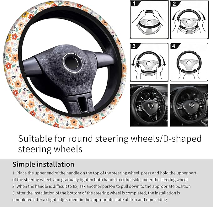 Car Steering Wheel Cover, Universal 15 Inch Neoprene Non-Slip Steering Wheel Covers, Funny Car Accessories for Women Men Fit Auto, Suvs, Truck Colorful Adorable Flowers