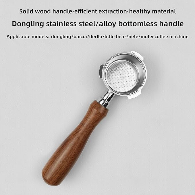 51mm Bottomless Portafilter with Wooden Handle, Stainless Steel Filter Basket, 9.1-inch Length,3 Ears Espresso Handle, Suitable for various coffee machines