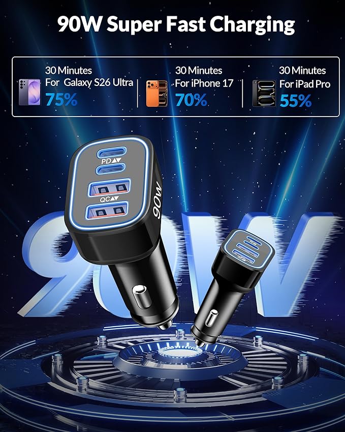 90W 4-Port USB C Super Fast Car Charger for Samsung Galaxy S26/S25/S24/S23/S22 Ultra, iPhone 17/16/15 Pro Max, Android, Type C Fast Charging Car Phone Charger Adapter Accessories + 3FT USB-C Cable