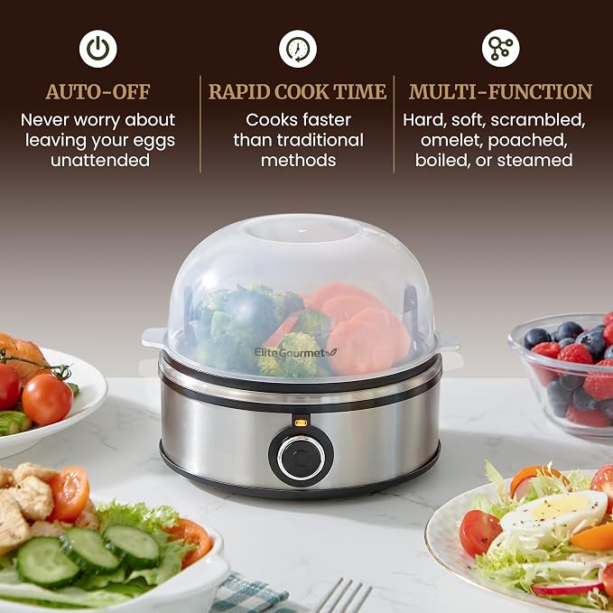Elite Gourmet EGC855SS Easy Egg Cooker, 7-Egg Capacity, Soft, Medium, Hard-Boiled, Omelets, Poached Eggs, Plays Melody when Done, Auto Shut-Off, Measuring Cup, Stainless Steel