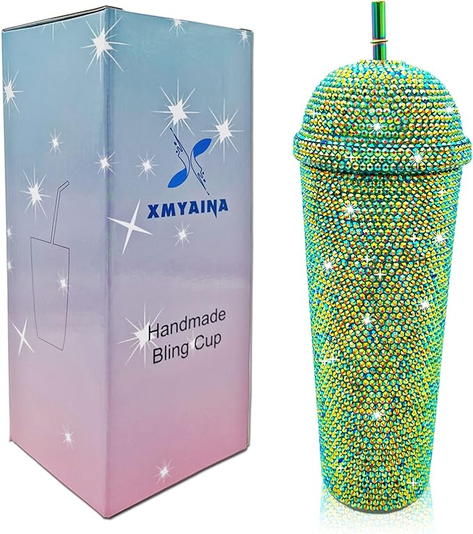 24oz Bling Cup Handmade Rhinestones Studded Tumbler Double Wall Insulated Plastic Reusable Water Bottle with Lid and Straws for Home Office Party Beach(Deep Green)