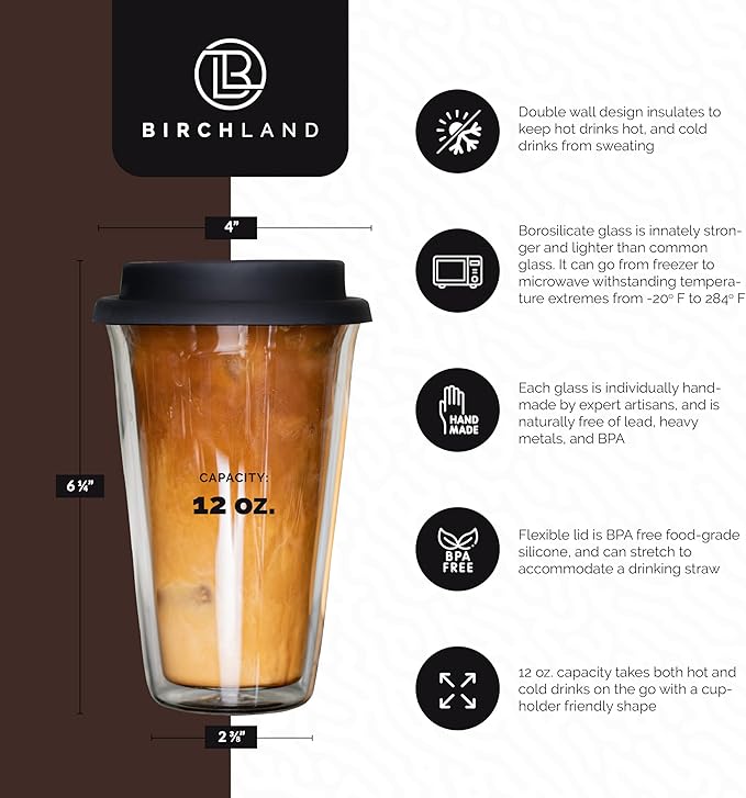 2-Pack Insulated Glass Travel Mugs, 12 oz, Double Wall, Reusable Coffee Cups with Lids, BPA Free