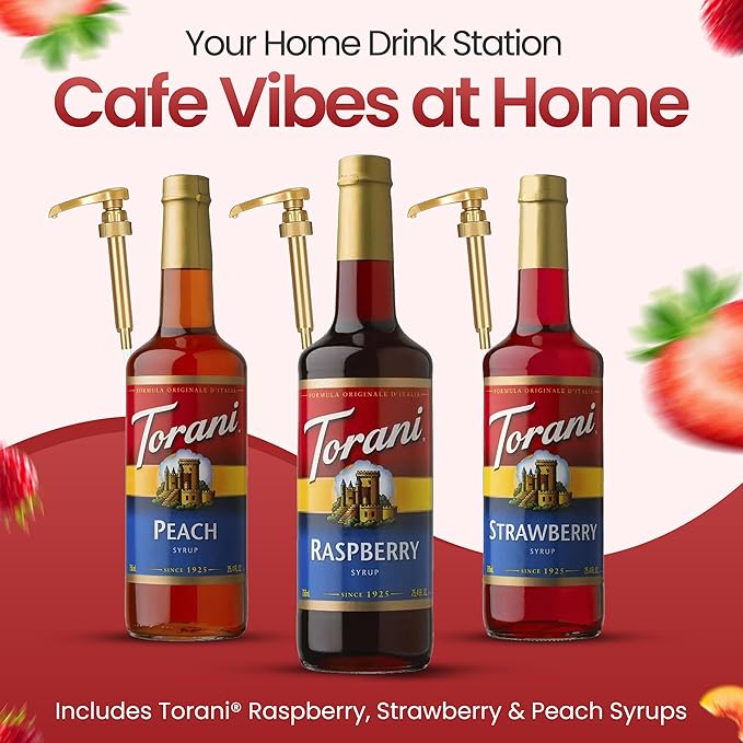 Jimoco Barista Set – Torani Raspberry, Strawberry & Peach Syrups (25.4 oz Each) with 3 Jimoco Syrup Pumps, Reusable Cups, Straws & Stirrers – Coffee, Italian Soda & Cocktail Flavoring Kit