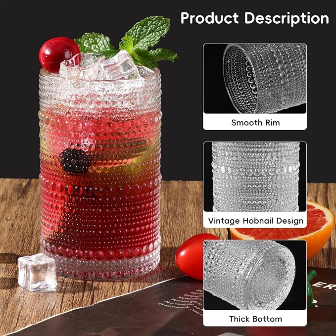 Moretoes Kitchen Hobnail Drinking Glasses Set of 6, 12 Oz Highball Glasses & 10 Oz Cocktail Glasses, Clear Embossed Boho Glass Cups Kitchen Bar Tumbler Glassware Set for Whiskey, Beer, Juice, Milk