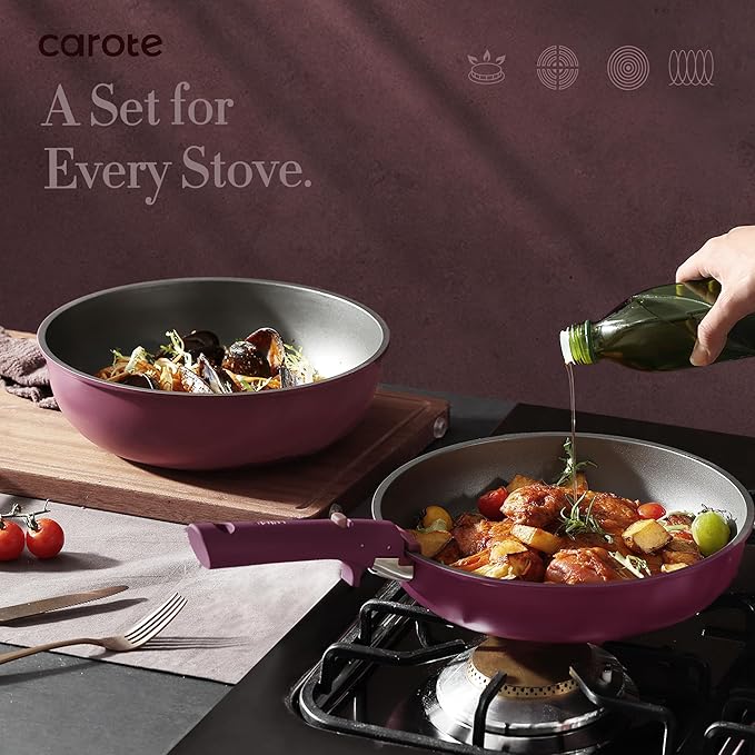 CAROTE 38-Piece Nonstick Pots and Pans Set with Knife Set, Cookware Sets with Detachable Handle, Kitchen Cooking Set - Camping Cookware, Dishwasher & Oven Safe, Induction Compatible