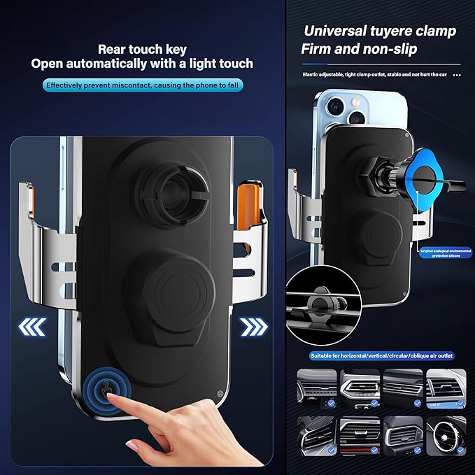 Wireless Car Phone Mount, 15W Fast Charging Car Phone Holder Charger Auto-Clamping 360 Dgrees Rotation Adjustable Air Vent Phone Mount Car Charger with luminous Logo for iPhone 16 15 14 13 S24 S23 S22