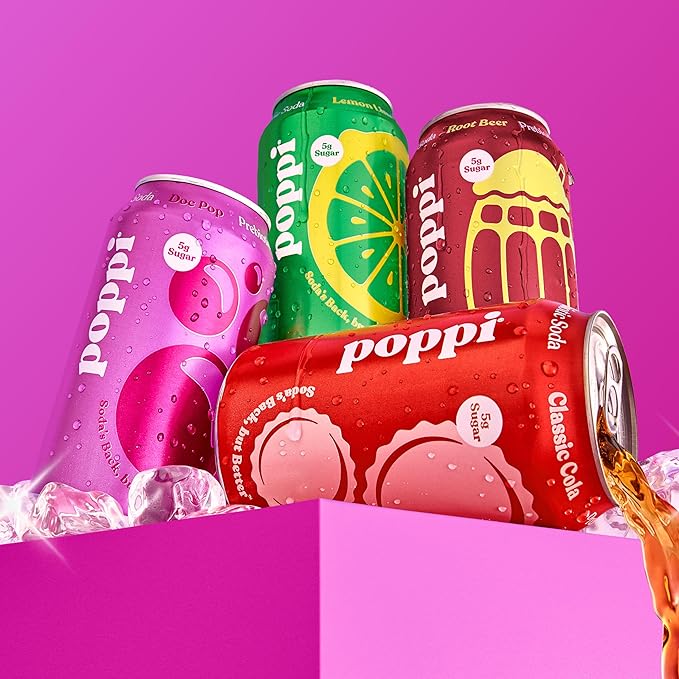 Poppi Sparkling Prebiotic Soda Beverage with Apple Cider Vinegar, Seltzer Water and Fruit Juice, The Classics Variety Pack, 12 Fl Oz, Pack of 12, Packaging May Vary