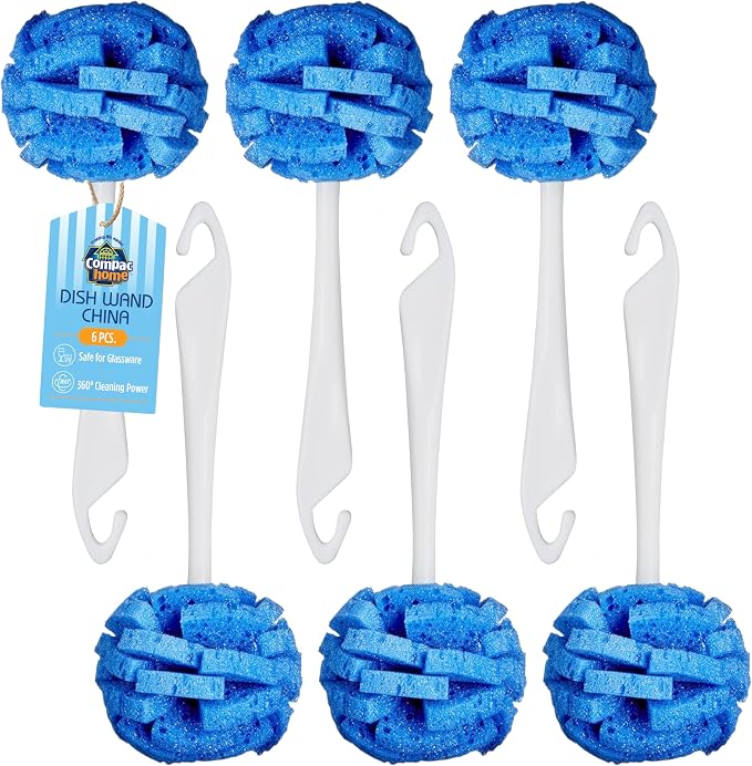 COMPAC HOME Dish Wand Kitchen Sponge | Effectively Clean China Dishes and Glassware | Unique Round Ball Shaped All-Around Cleaning Sponge | Gentle Flexible Brushes for Your Nice Dishes, 6 Count