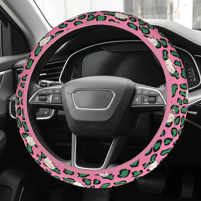 Cute Steering Wheel Cover for Women, Machine Washable Universal 14.5-15.5 inch Non-Slip Grip All Weather Use (Pink Green Leopard Cats)