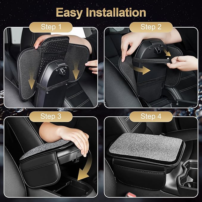 Center Console Cover Fit for RLX: Upgraded Diamond Auto Middle Console Cover - Crystal Rhinestone Armrest Cover for Car with 2 Storage Bags,Anti-Scratch Auto Armrest Pad Accessory （Black