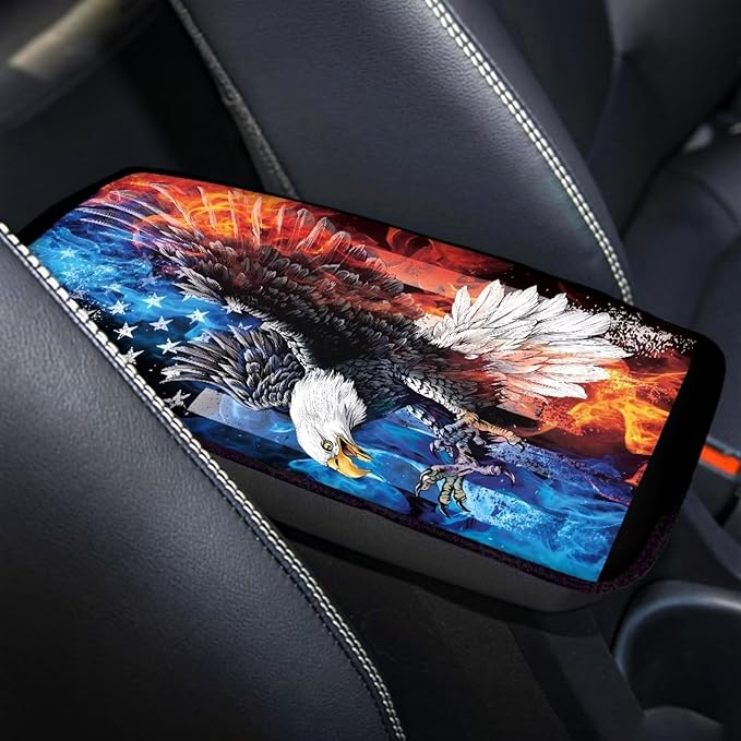 Horeset American Flag Flame Eagle Car Console Covers for SUV Universal Fit Cow Spot Auto Armrest Seat Box Cover Interior Protector, Easy to Install