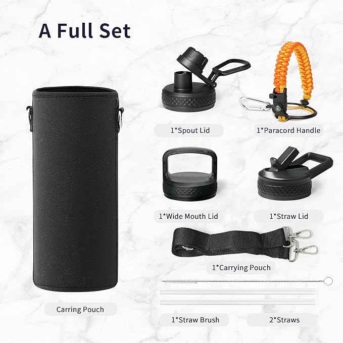 Trebo 40oz Water Bottle with 3 Lid and handle, Vacuum Insulated Stainless Steel Metal Outdoor Leakproof BPA-Free Flask, Keep Cold 48 Hours Water Jug, Best Gift for Men Women Holiday, Orange