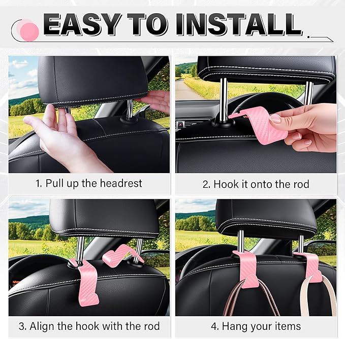 SINGARO Universal 2 Pack Car Seat Headrest Purse Hook, Carbon Fiber Back Seat Hook Storage Organizer Hanger for Purse Handbag Coat, Car Interior Accessories(Pink)