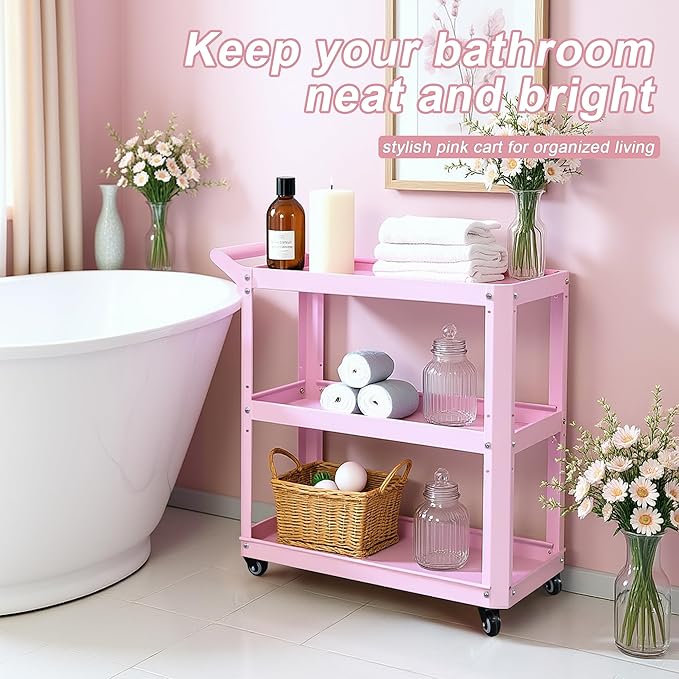 3 Tier Metal Utility Rolling Cart with Wheels, Heavy Duty Storage Organizer Trolley Cart for Kitchen, Bathroom, Office, Bedroom – Multi-Purpose 330Lbs Capacity Utility Cart on Wheels, Pink