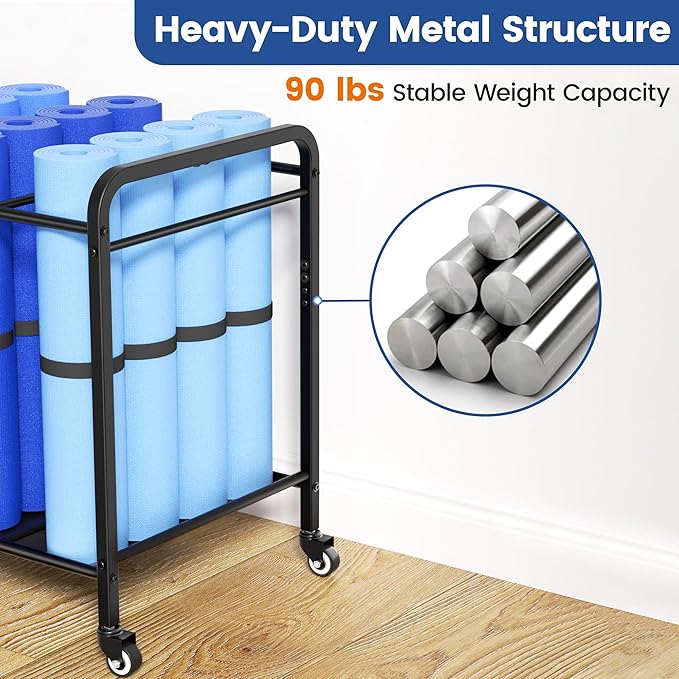 Black Yoga Mat Storage Rack Basket with Wheels, Floor-Standing Metal Yoga Mat Cart Workout Equipment for Foam Roller Dumbbells Kettlebells,in Gym,Fitness Classes, Yoga Studio & Home Gym