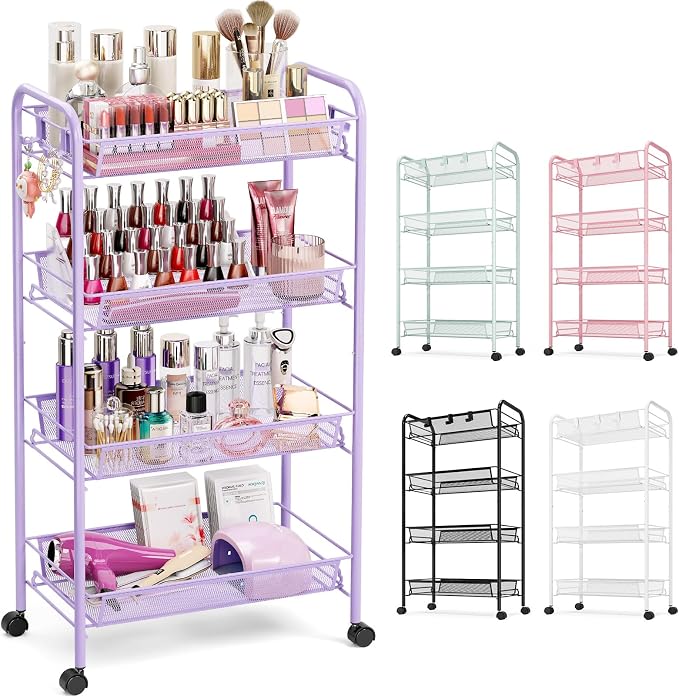 TOOLF 4-Tier Rolling Cart, Metal Utility Cart with 3 Hooks, Easy Assemble Mobile Storage Trolley On Wheels, Metal Shelving Units Kitchen Bathroom Laundry Room