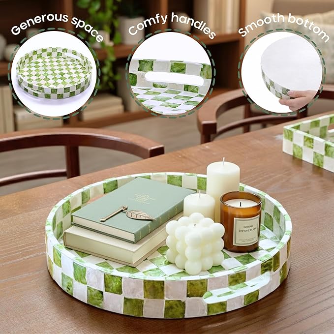 12.6" Capiz Decorative Tray with Handles, Checkered Round Serving Tray for Coffee Table, Kitchen Counter, or Bathroom (Pistachio Green)