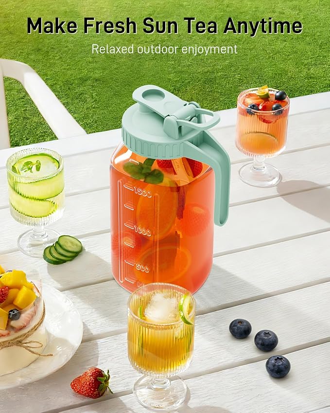 64 oz Glass Pitcher with Lid, Large Wide Mouth Mason Jar with Pour Spout, Green Sun Tea Glass Jar for Outside, Drink Pitcher Great for Drink, Cold Beverages and Breast Milk