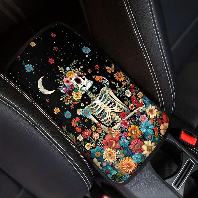 Floral Skull Car Center Console Cushion Pad for Women Gothic Skeleton Armrest Seat Box Cover Dustproof Auto Armrest Cover Protector Sugar Skeleton Cars Interior Accessories