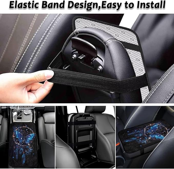 Blue Butterfly Console Cover Armrest Pad Soft Comfortable Car Armrest Cushion Anti-Slip Washable Car Center Console Lid Cover Accessories Fit Sedans,Cars,Vans,SUV,Truck