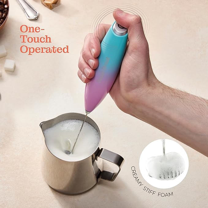 Powerful Handheld Milk Frother, Mini Milk Foamer, Battery Operated (Not included) Stainless Steel Drink Mixer with Frother Stand for Coffee, Lattes, Cappuccino, Frappe, Matcha, Chocolate (Teal/Pink)