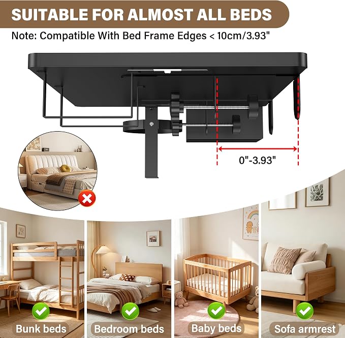 Bedside Shelf, Metal Bed Shelf For Dorm Room Bunk Bed & Top Bunk, College Dorm Room Essentials, Clip On Floating Tray Space Saving Nightstand For Loft Beds With Removable Cup & Holder (Black)