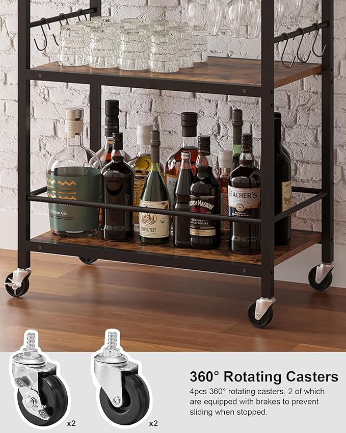 TUTOTAK Bar Cart with Removable Tray, Home Bar Serving Cart, Drink Cart, Mobile Kitchen Shelf with Wine Rack and Glass Holder, Rolling Beverage Cart for Living Room, Kitchen, Brown BC01BB036
