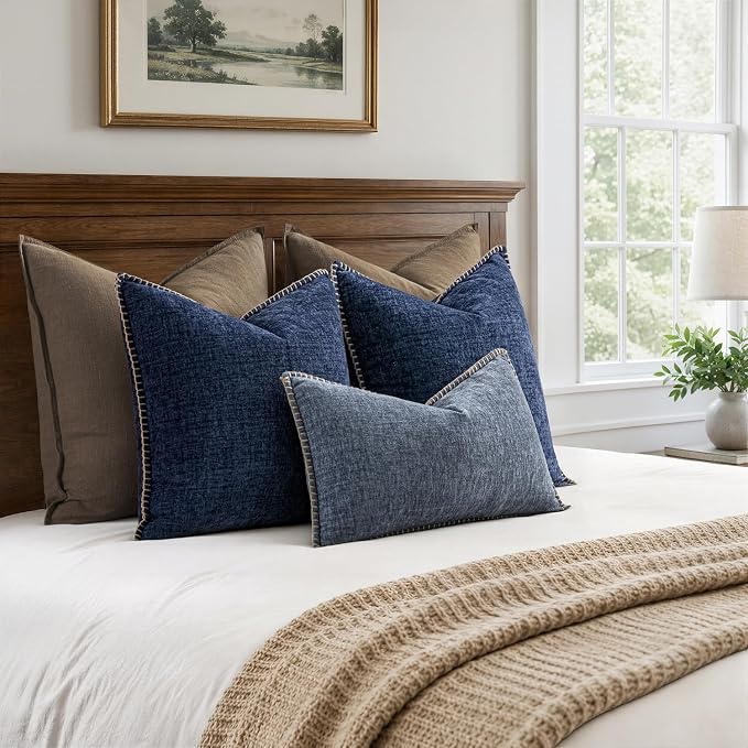 MIULEE Pack of 2 Couch Throw Pillow Covers 18x18 Inch Navy Farmhouse Decorative Pillow Covers with Stitched Edge Soft Chenille Solid Dyed Pillow Covers for Sofa Bed Living Room