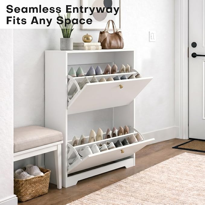 Nicetree Shoe Cabinet with 2 Flip Drawers, Narrow Shoe Organizer Cabinet, Freestanding Shoe Rack Cabinet, Modern Shoe Storage Cabinet for Entryway, Hallway, Foyer, White with Hook