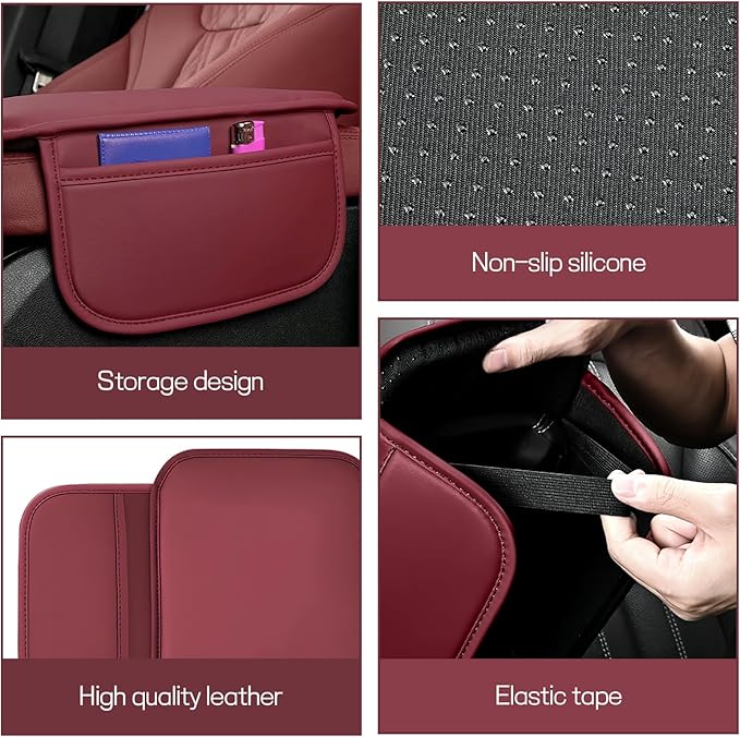 wuyaoyao Car Center Console Cover, Leather Memory Foam Armrest Cover Cushion with 2 Storage Bags, Universal Car Armrest Seat Box Pad Car Interior Accessories Protector for Most Vehicle (Wine Red)