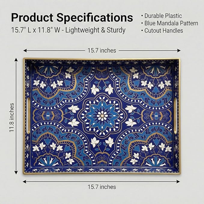 Zosenley Decorative Serving Tray with Handles - 15.7" x 11.8" Blue Mandala Pattern Rectangular Plastic Platter - Boho Coffee Table Tray for Ottoman, Breakfast in Bed & Living Room Decor