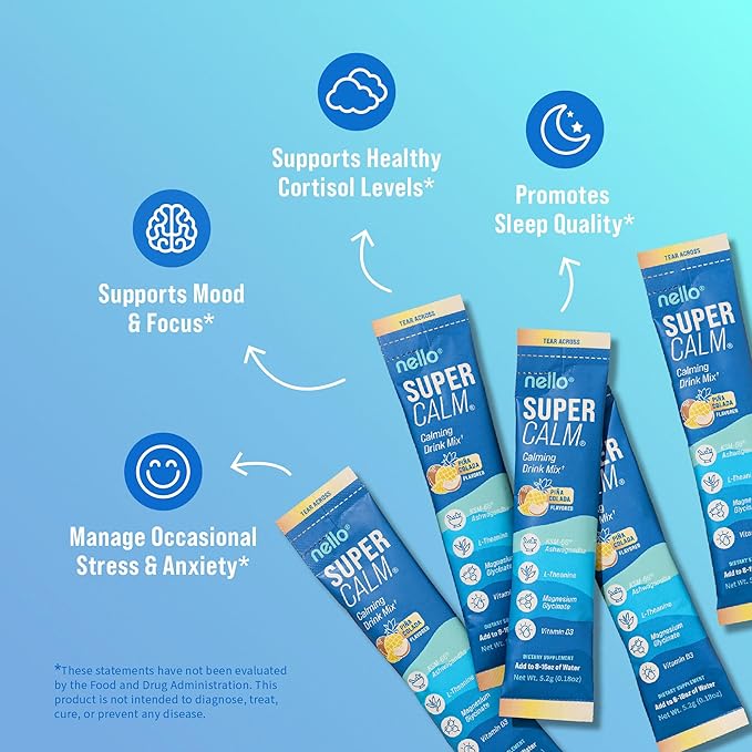 Nello Supercalm Powdered Drink Mix, Cortisol Reducer* and Sleep Aid Supplement, L Theanine, Ksm-66 Ashwagandha, Magnesium Glycinate, Vitamin D 3, No Sugar, Non GMO, On The Go, 20 Ct, Pina Colada