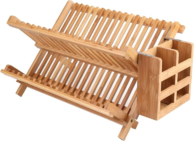 Lawei Bamboo Dish Drying Rack with Utensil Holder - Collapsible Dish Drainer Foldable Dish Rack Bamboo Plate Rack for Plates, Cups, Mugs, Utensil, Flatwares