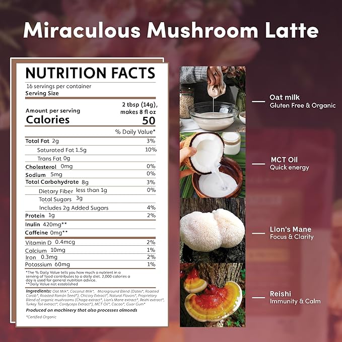 Miraculous Mushrooms Instant Adapt & Protect Herbal Latte By Teeccino – 16 servings -  Creamy Oat & Coconut Latte with Microground Herbs plus Reishi, Lion’s Mane, Chaga, Turkey Tail, Cordyceps - Caffeine Free, Prebiotic – 7.9 ounces