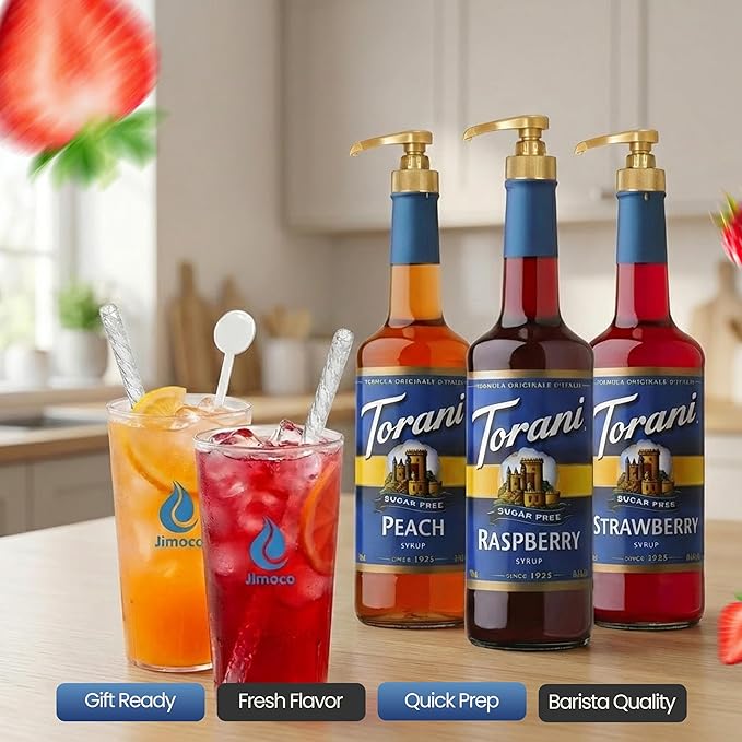 Jimoco Barista Set – Torani Sugar Free Peach, Raspberry & Strawberry Syrups (25.4 oz Each) with 3 Jimoco Syrup Pumps, Reusable Cups, Straws & Stirrers – Coffee, Italian Soda & Cocktail Flavoring Kit