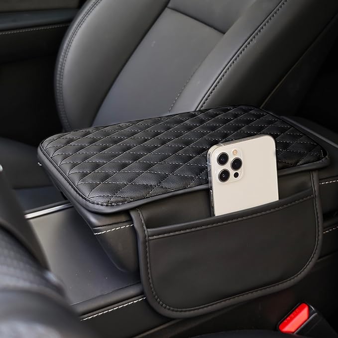 Upgraded Car Center Console Cover, Microfiber Leather Car Armrest Cover Cushion with 2 Storage Bags, Universal Car Armrest Storage Box Cover, Car Interior Accessories for Most Vehicles, Black
