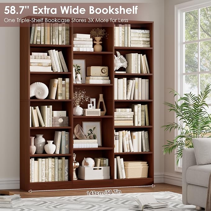FACBOTALL Triple Wide Bookshelf, 6 Tier Large Bookshelf, Bookcase with 17 Open Display Shelves, 74'' Tall Bookcases and Bookshelves for Living Room, Home Office, Library, Cherry