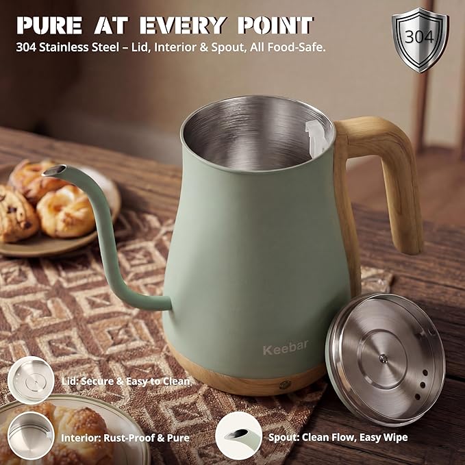 Electric Kettle, Electric Tea Kettle Stainless Steel, Gooseneck Electric Kettle, 1000W Hot Water Kettle Electric Auto Shut Off, 0.8L, Wood-like Grain Finish Handle, Light Green