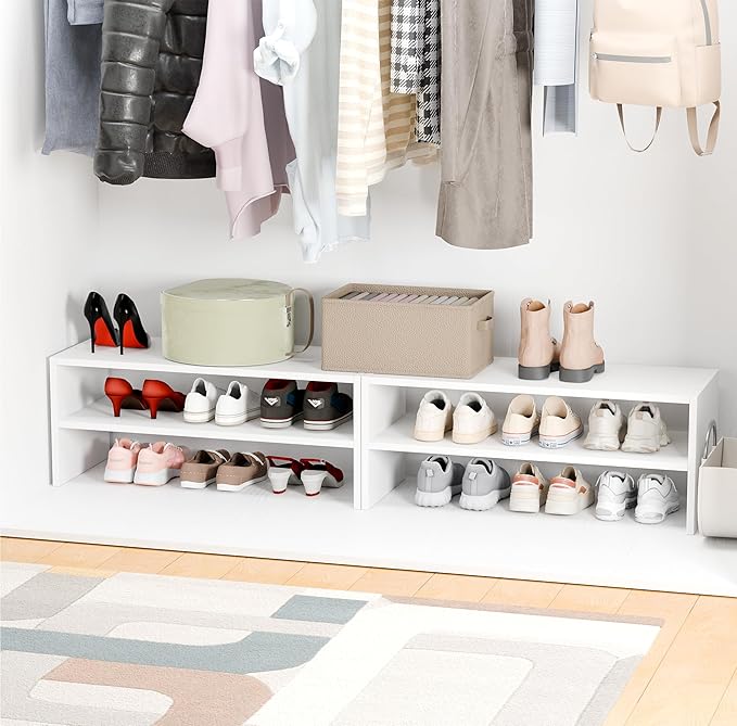 Whitmor Stackable 28" Extra Wide 2-Shelf Storage Organizer,Stackable Wood Combination Shoe Organizer Racks Shelves for Closets, Entryway, Hallway, Garage, White