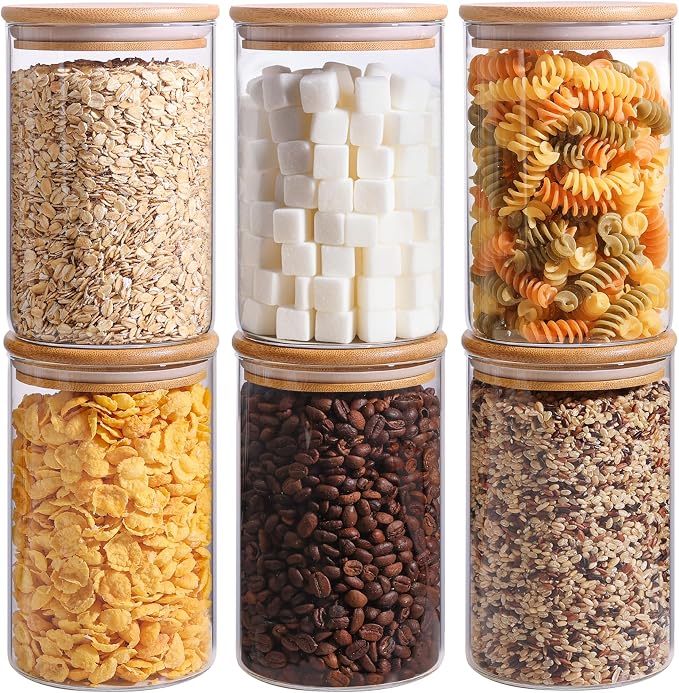 ComSaf 1 Qt Glass Storage Containers with Lids, Glass Jars with Lids, Clear Food Storage Jar, Round Canister Set of 6, Pantry Organizers for Cookie Pasta Flour Rice Tea Coffee Bean