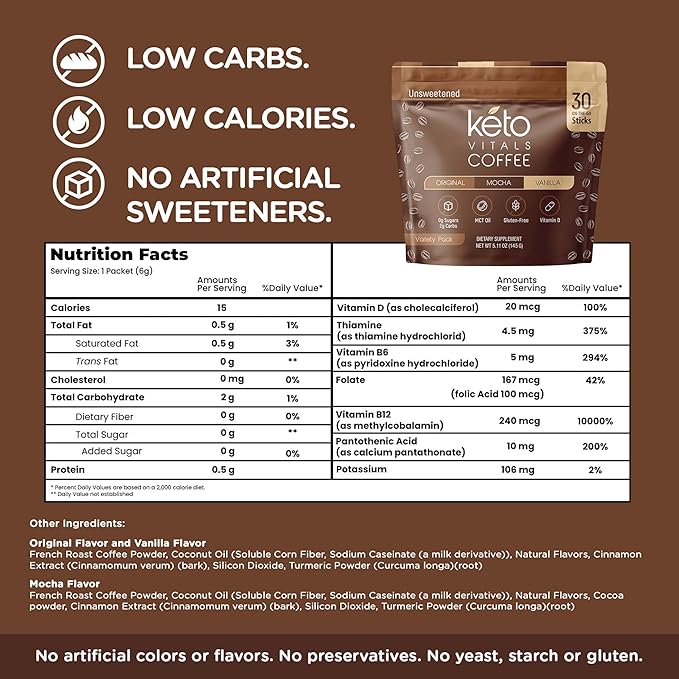 Keto Vitals Instant Keto Coffee Powder with MCT Oil & Vitamins - Low-Calorie Unsweetened Instant Coffee Packets, Single Serve - Keto Coffee Instant Mix in Original, Vanilla, & Mocha Flavors - 30 Count