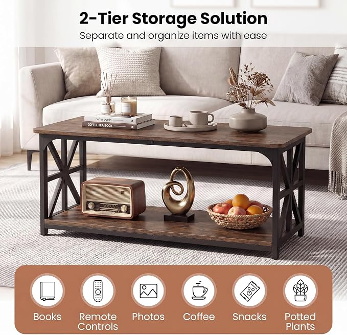 Giantex Farmhouse Coffee Table, 43" Center Table with Storage & X-Shaped Frames, 2-Tier Modern Accent Cocktail Tea Table, Rectangular Wooden Living Room Tables for Small Spaces, Rustic Brown