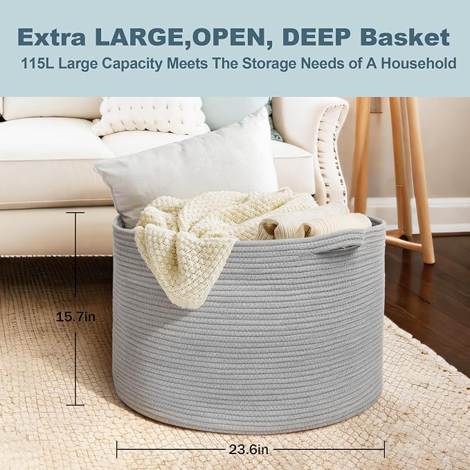 MEGASKET 115L Super Large Gray Blanket Basket, 23.6"x15.7" Woven Cotton Rope Storage Basket for Laundry, Towel, Pillow, Oversized Kids Dog Toy Storage Bin, Grey XXXL Blanket Holder for Living Room
