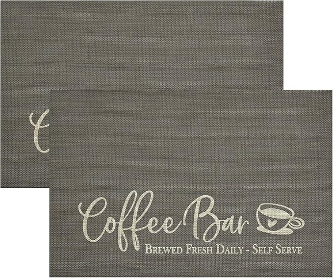Artoid Mode Coffee Bar Mat Set of 2, Plastic Vinyl Washable Woven Non-Slip Table Mats for Coffee Machine Decor,Dark Gray