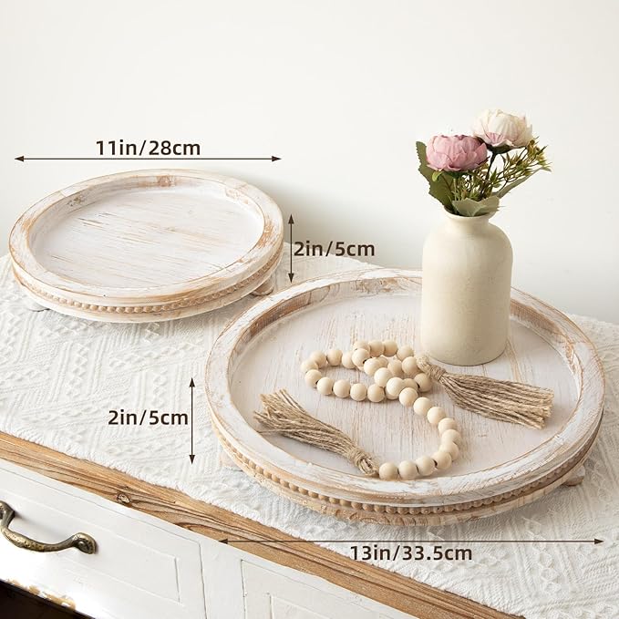 2 Piece Whitewashed Wooden Serving Tray Set with Beaded Design, Farmhouse Centerpiece Table Decorations, Round Coffee Table Tray for Living Room Home Decor, Ottoman Tray Decor for Rustic Styles